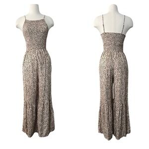 Japna Animal Print Jumpsuit Wide Leg Smocked Size Small Neutral Feminine Mob NWT